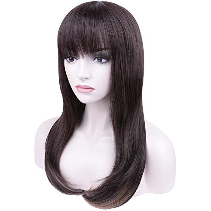 DILLARDS Creamily Dark Brown Straight Wig With Flat Bangs Synthetic Long Full Replacement Hair Heat Resistant Daily Wear Wig - Image 5
